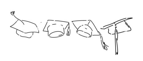 Set line drawing of graduation cap. Isolated on white background. Graphic illustration. vector