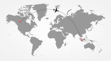 Travel template with the airplane flying over the world map. vector