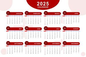 Monthly calendar template of year 2025. vector