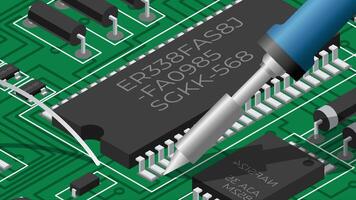 Isometric electronic board with soldering iron animation. Isometric printed circuit board with electronic components. Electronics repair. 4K animated in isometric style video