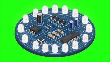 Isometric electronic board animation. Isometric printed circuit board with electronic components. Electronic components and integrated circuit board. 4K animated in isometric style video