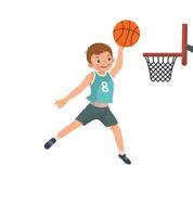 Cute little boy basketball player jumping high performing slam dunk in action vector