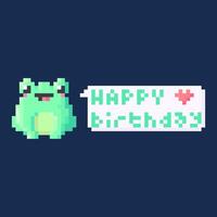 pixel art of a green frog with a banner that says happy birthday. vector