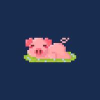 pixel art of sleeping piglet on meadow vector