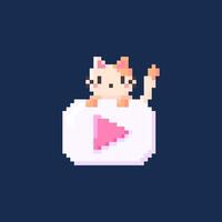 cute play button with kitten on top in pixel art style vector