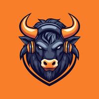 An angry bull head with headphones on an orange background vector