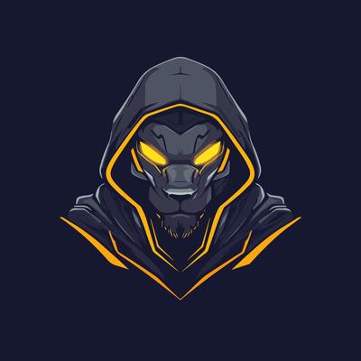 A black and yellow wolf head with glowing eyes