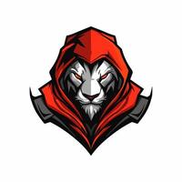 Lion head with hooded head, red eyes, and a red cape vector