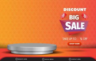 big sale discount banner for social media post with blank space 3d podium for product sale with abstract gradient orange and yellow background design vector
