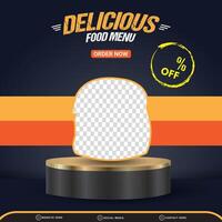 delicious food menu discount template banner with copy space for product sale with abstract gradient blue background design vector