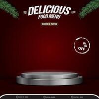 delicious food menu discount square template banner with copy space 3d podium for product sale with abstract gradient red background design vector