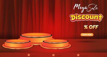 mega sale discount with landscape template banner and copy space 3d podium for product sale with abstract gradient red background design vector