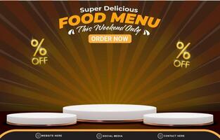 super food menu discount landscape template banner with copy space 3d podium for product sale with abstract gradient brown background design vector