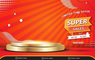 limited super sale discount template banner with copy space 3d podium for product sale with abstract gradient red and orange background design vector