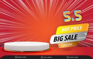 05.05 hot big sale discount template banner with blank space 3d podium for product sale with abstract gradient red background design vector