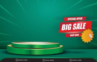 special offer big sale landscape template banner and copy space 3d podium for product sale with abstract gradient green background design vector