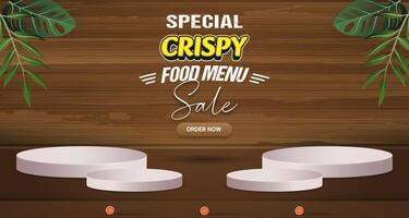 special crispy food menu sale with landscape template banner and copy space 3d podium for product sale with abstract gradient brown background design vector