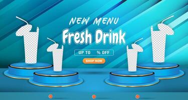 new menu fresh drink discount with landscape template banner and copy space 3d podium for product sale with abstract gradient blue background design vector