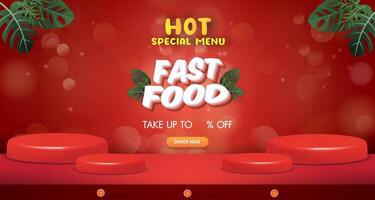 hot special menu fast food sale discount with landscape template banner and copy space frame 3d podium for product sale with abstract gradient red background design vector