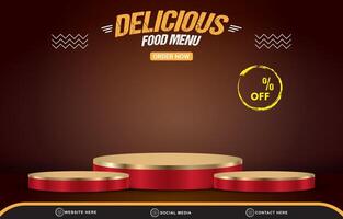 delicious food menu discount template banner with copy space 3d podium for product sale with abstract gradient red background design vector