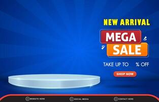 new arrival mega sale discount for social media post banner with copy space 3d podium for product sale with abstract gradient blue background design vector