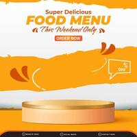 super food menu sale discount square template banner with copy space 3d podium for product sale with abstract gradient orange and white background design vector
