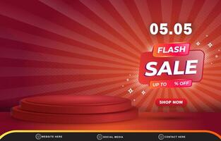 05.05 flash sale discount template banner with blank space 3d podium for product sale with abstract gradient red background design vector