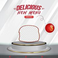 delicious new menu sale square banner for social media post with copy space 3d podium for product sale with abstract gradient white and grey background design vector