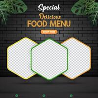 special food menu sale discount square banner for social media post with copy space frame for product sale with abstract gradient black background design vector