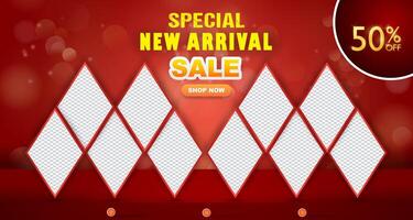 special new arrival sale discount with landscape template banner and copy space frame for product sale with abstract gradient red background design vector