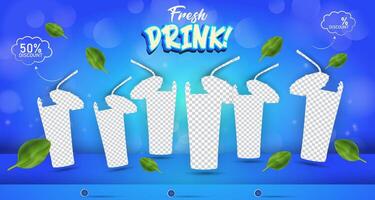fresh drink menu discount with landscape template banner and copy space frame for product sale with abstract gradient blue background design vector