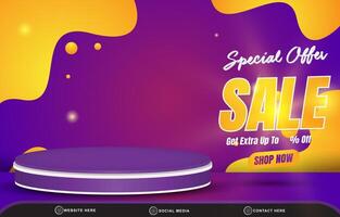 special offer sale discount template banner with blank space 3d podium for product sale with abstract gradient orange and purple background design vector