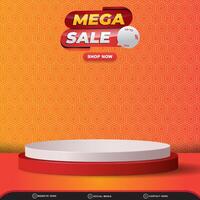 mega sale discount for social media post banner with blank space 3d podium for product sale with abstract gradient orange and yellow background design vector