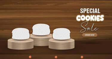 special cookies sale with landscape template banner and copy space 3d podium for product sale with abstract gradient brown background design vector