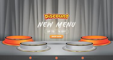 new food menu discount with landscape template banner and copy space 3d podium for product sale with abstract gradient grey background design vector