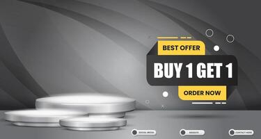 best offer discount with landscape template banner and copy space 3d podium for product sale with abstract gradient grey background design vector