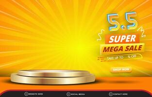 05.05 super mega sale discount template banner with copy space 3d podium for product sale with abstract gradient orange and yellow backgroud design vector