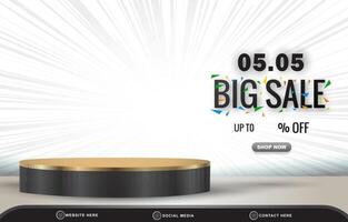 05.05 big sale discount template banner with blank space 3d podium for product sale with abstract gradient white background design vector