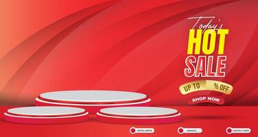 hot sale discount with landscape template banner and copy space 3d podium for product sale with abstract gradient red background design vector