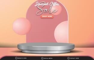 special offer sale banner for social media post with blank space 3d podium for product sale with abstract gradient orange and pink background design vector