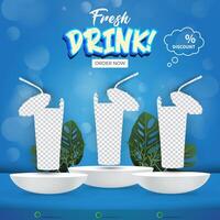 fresh drink menu sale discount square banner for social media post with copy space frame for product sale with abstract gradient blue background design vector