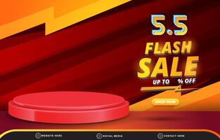 05.05 flash sale discount template banner with blank space 3d podium for product sale with abstract gradient red and orange background design vector