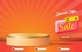 super sale discount for social media post banner with blank space 3d podium for product sale with abstract gradient orange and yellow background design vector