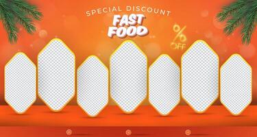 fast food sale discount with landscape template banner and copy space frame for product sale with abstract gradient orange background design vector