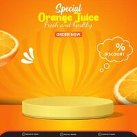 special fresh drink discount square social media post template banner with copy space 3d podium with abstract gradient orange and yellow background design vector
