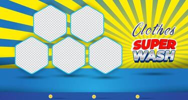 clothes super wash landscape template banner and copy space frame for product sale with abstract gradient blue and yellow background design vector