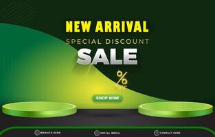 special discount new sale landscape social media post tempate banner with copy space 3d podium for food sale with abstract gradient green background design vector