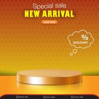 special sale new arrival discount square social media post template banner with copy space 3d podium with abstract gradient orange and yellow background design vector