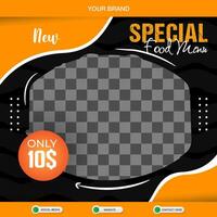 new special food menu square banner for social media post with copy space frame for food sale with abstract gradient black and orange background design vector