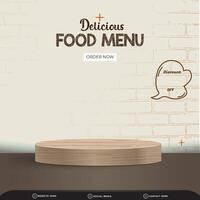 delicious food menu sale discount square social media post template banner with copy space 3d podium with abstract gradient brown and white background design vector